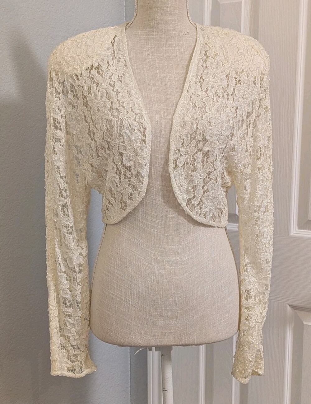 Vintage Cache Cardigan Lace Beaded Open Ivory Sz 6/8